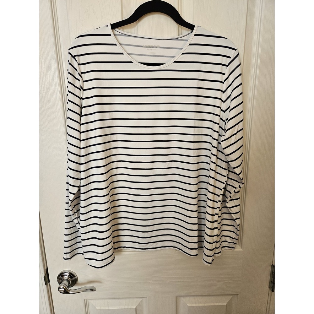 NWT Lands' End Long Sleeve Blue White Striped Round Neck Stretchy Top FLAW, XXL